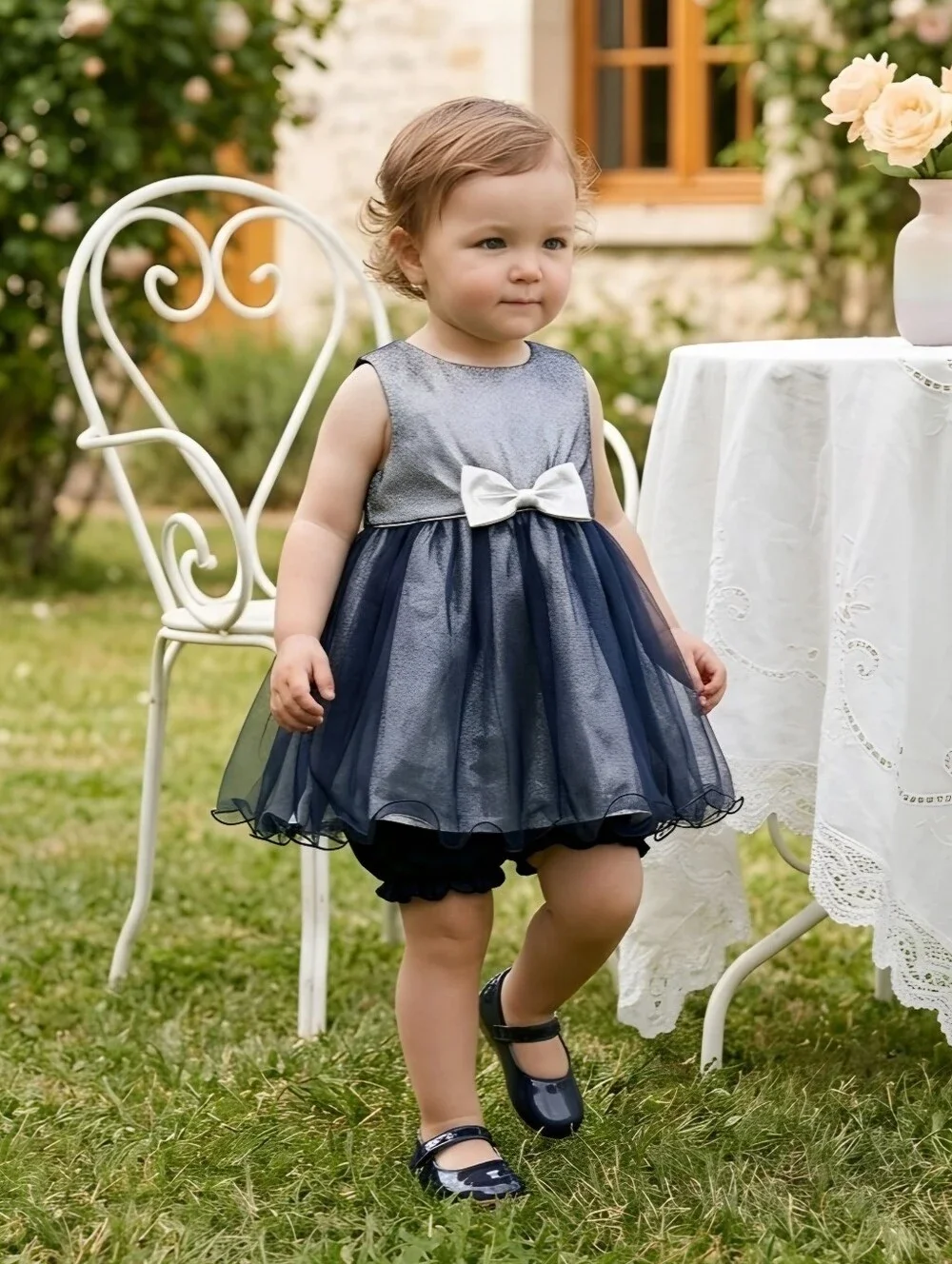 Rosenau Baby Dress Set 18M Silver Metallic Bodice Navy Mesh Skirt Bloomers EUC